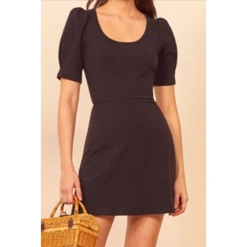 Reformation Elisha Puff Dress Womens XS Black Mini Pullover Organic Cotton